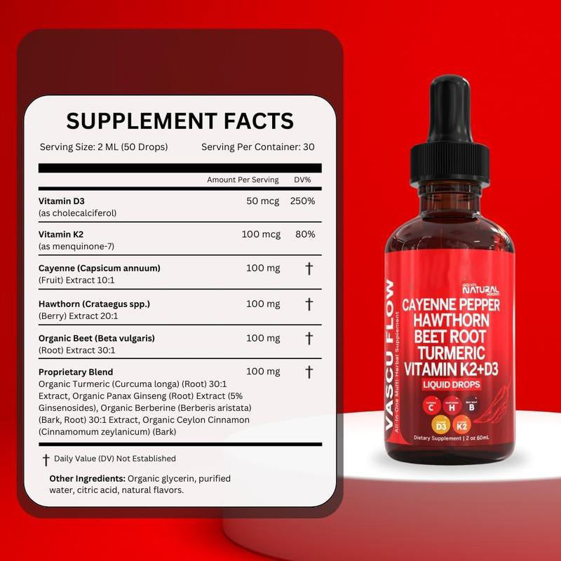 Cayenne Pepper Supplement Liquid Drops + Hawthorn Berry, Vitamin D3 K2 Beet Root Powder, Ceylon Cinnamon, Turmeric Curcumin, Organic Panax Ginseng, Berberine Extract VIT D K