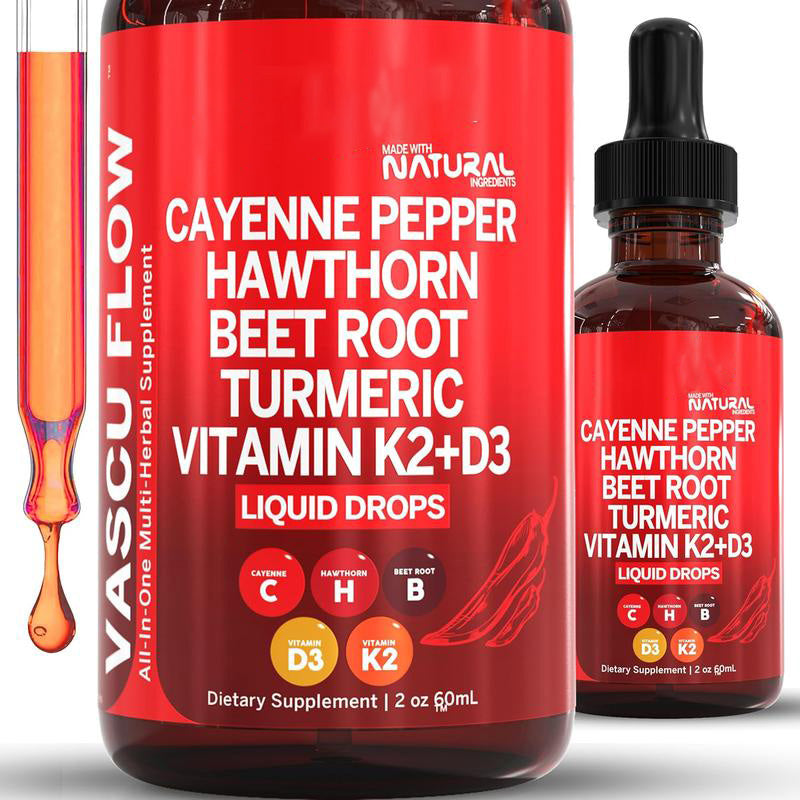 Cayenne Pepper Supplement Liquid Drops + Hawthorn Berry, Vitamin D3 K2 Beet Root Powder, Ceylon Cinnamon, Turmeric Curcumin, Organic Panax Ginseng, Berberine Extract VIT D K